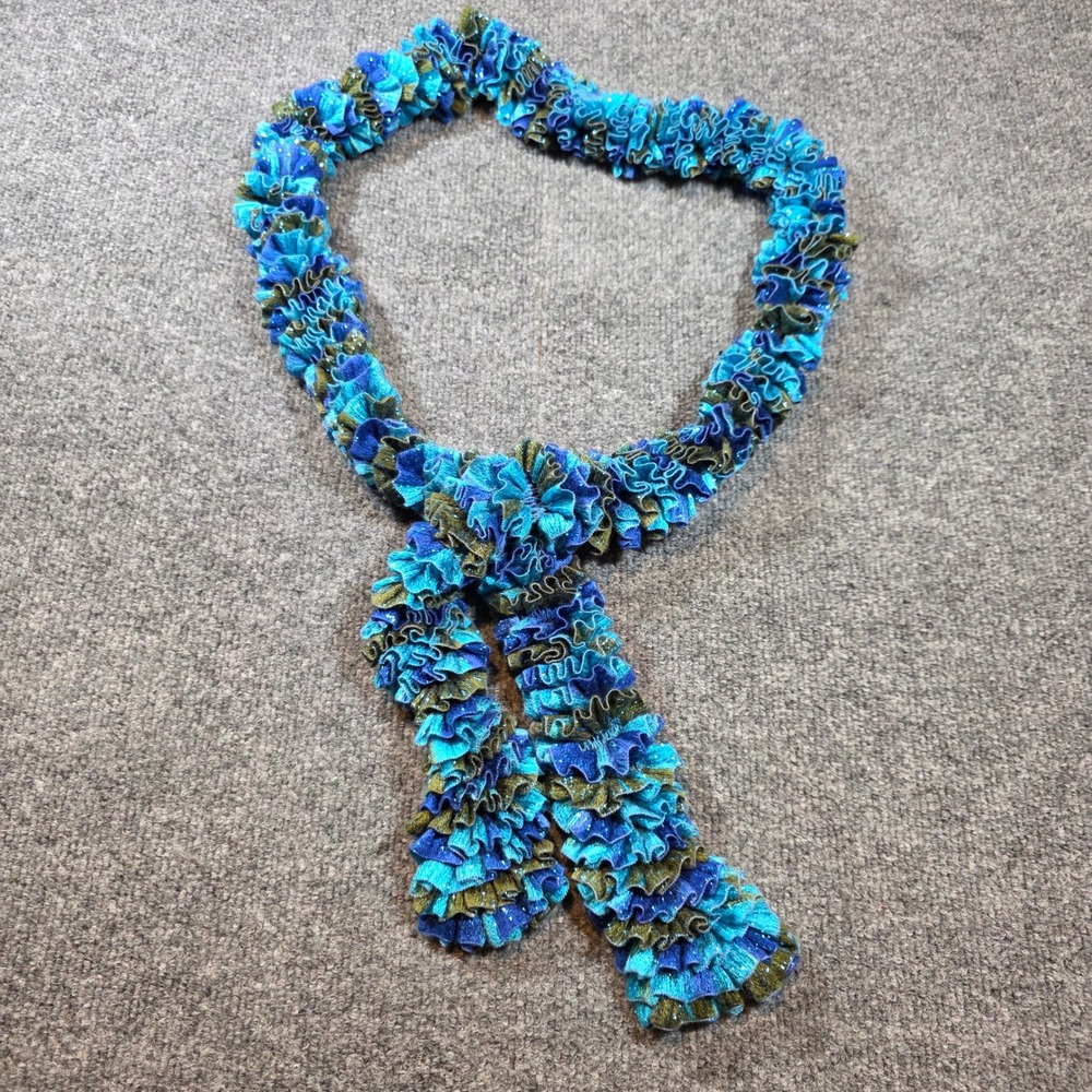 Sparkle Ruffled Knit Scarf Blue Turquoise Gold Metallic Lettuce Edge Neck Warmer - Picture 2 of 4